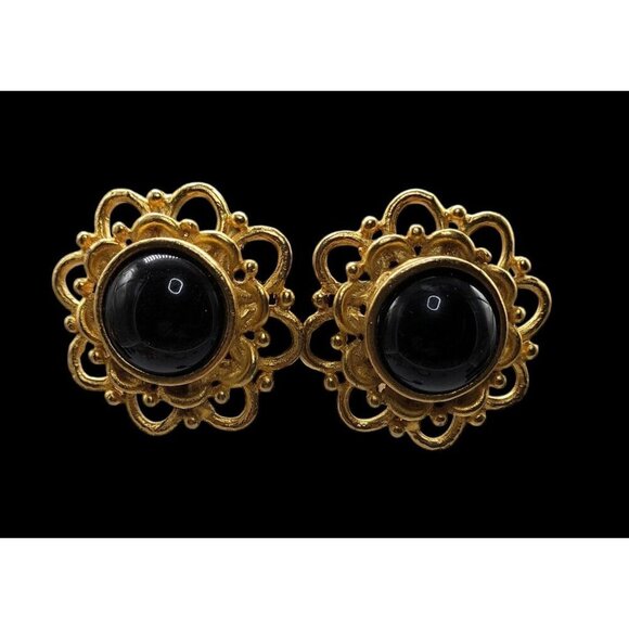 Runway Style Clip-On Earrings Gold Black Stone Center - Picture 5 of 14